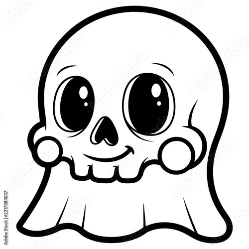 Cute cartoon ghost skull illustration with big eyes and smiling face on a solid white background