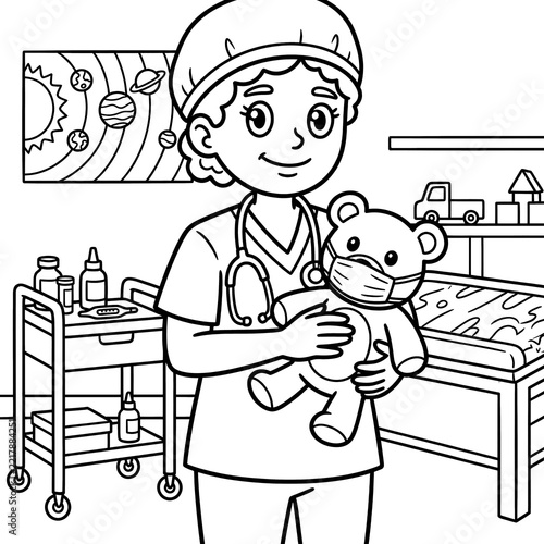 Pediatrician coloring page with nurse and teddy bear