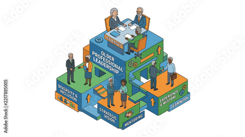 Isometric business illustration of senior leaders representing older professional leadership, diversity, strategic vision, and corporate mentoring