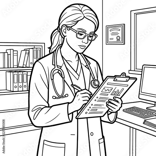 Female doctor writing on clipboard coloring page