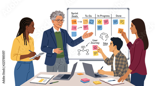 Diverse team of business professionals collaborating on agile project management using kanban board with sticky notes illustration