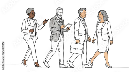 Professional group of diverse business people walking in a row in suits for leadership and corporate teamwork concepts