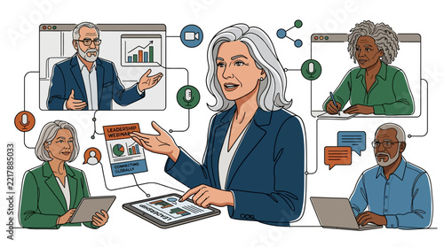 Mature female executive leading global leadership webinar for diverse professional team via virtual video conference and digital connection