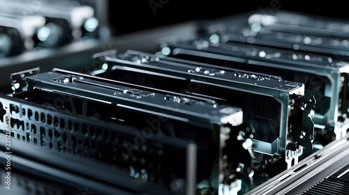 Close up of multiple graphics processing units installed in a server rack with metallic finish and cooling fins