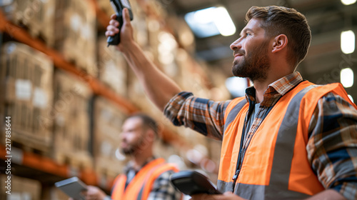 Warehouse employee carefully scanning an enormous painted barcode