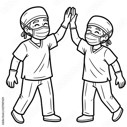 Two surgeons giving high five coloring page