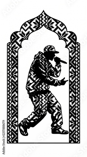 Hip hop artist performing with microphone in stylized arched window