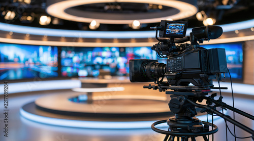 Professional Broadcast Video Camera In Modern Television Studio With Blurred Screens In Background