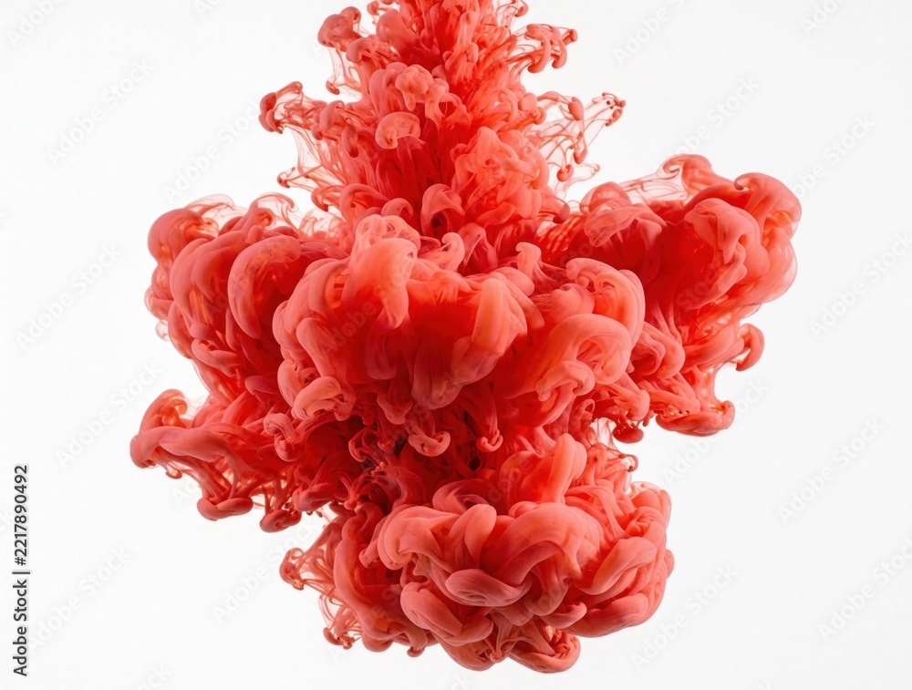 Fototapeta premium Bright coral red smoke cloud floats on white background. Abstract ink explosion creates organic shape with soft textures. Vibrant crimson pigment swirl looks like blooming flower nebula in space.