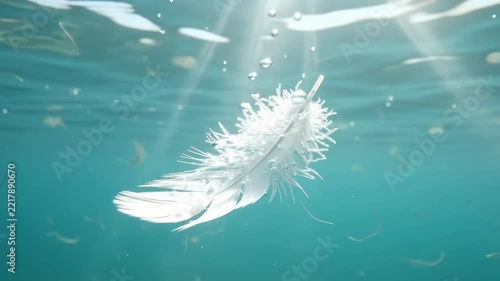 Elegant white feather sinking peacefully in clear turquoise water with gentle sunlight filtering down.