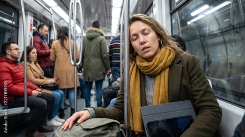 Exhausted woman in mustard scarf dozing against pole on crowded subway train with tablet