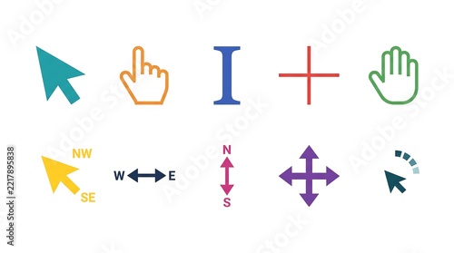 Collection of colorful computer cursors and hand icons representing digital interaction and user interface elements
