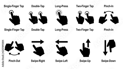 A diverse collection of black silhouette icons illustrating different hand gestures and various directional guidance symbols