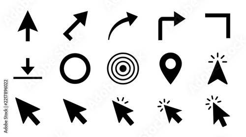 Collection of simple black and white icons representing cursors arrows targets and location pins