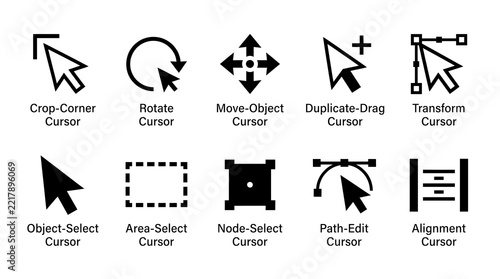 Collection of black cursor icons representing common computer actions and editing tools on a white background