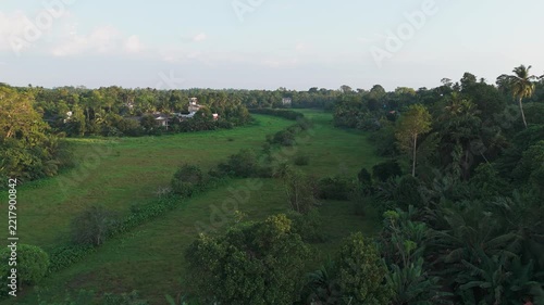 Aerial view of tropical village houses in lush green jungle. Sri Lanka