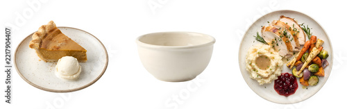 Traditional thanksgiving dinner plates featuring roasted turkey meat mashed potatoes cranberry sauce slice of pumpkin pie and empty ceramic serving bowl isolated on transparent background