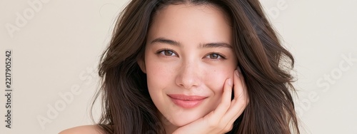 Beautiful young woman with flawless skin and dark hair smiling softly