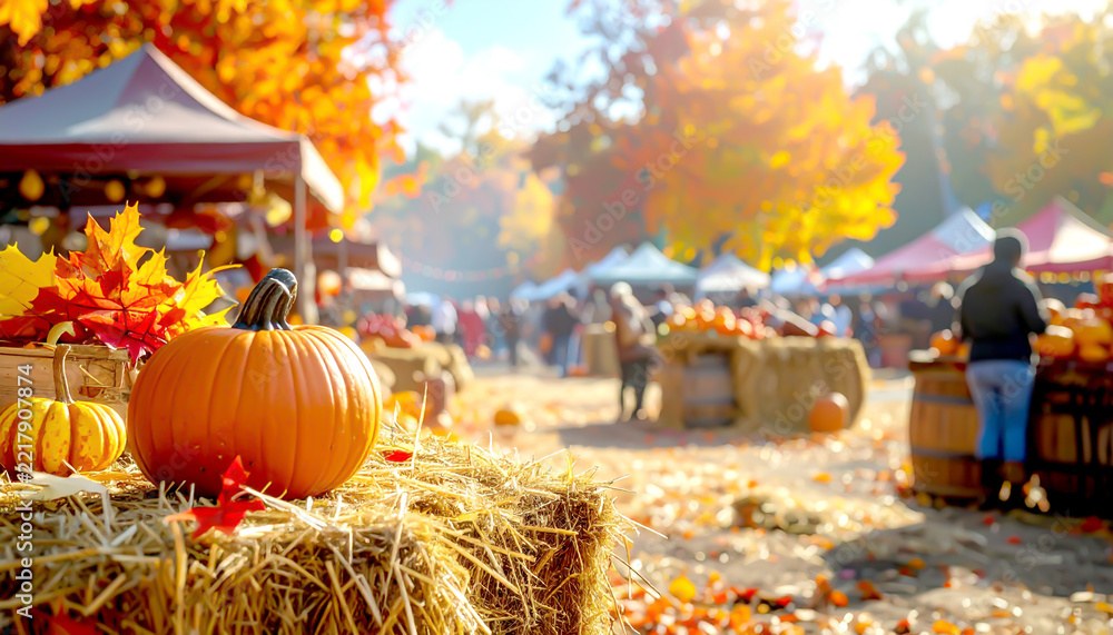 Fototapeta premium Herbstfest mit Kürbissen, Strohballen und Marktständen