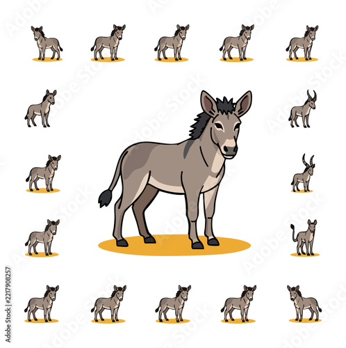 Collection of cartoon donkey illustrations in various poses and angles