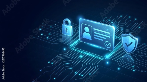 Digital Identity Verification and Cybersecurity Concept with Glowing ID Card Padlock and Shield on Circuit Board Background