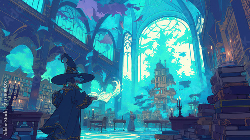 Enchanting Gothic architecture, ethereal blue lighting illuminating elegant arches, mystical atmosphere perfect for storytelling.