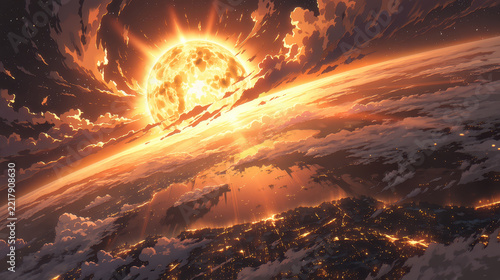 Dramatic cosmic explosion, fiery sun emerging over a distant planet, vibrant colors, space theme, ideal for science fiction projects.