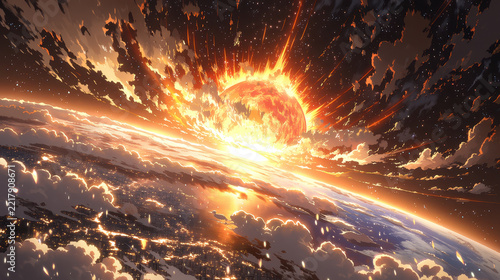 Vibrant cosmic scene, dramatic solar explosion illuminating planets, celestial colors and swirling clouds creating awe.