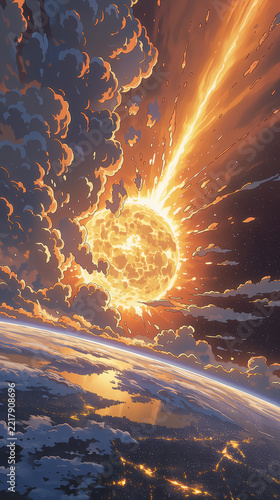 Bright meteor streaking through space, fiery tail illuminating the dark cosmos, highlights cosmic phenomena and celestial events.