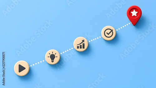 Business growth strategy timeline with icons on blue background