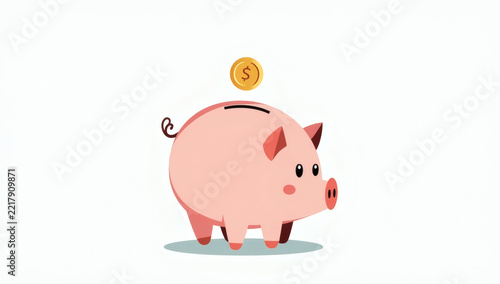 A charming pink piggy bank illustration with a gold coin dropping into the slot symbolizing savings and wealth