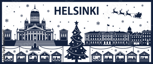 Helsinki Finland Cathedral and Senate Square Christmas Market Festive Silhouette with Santa Sleigh