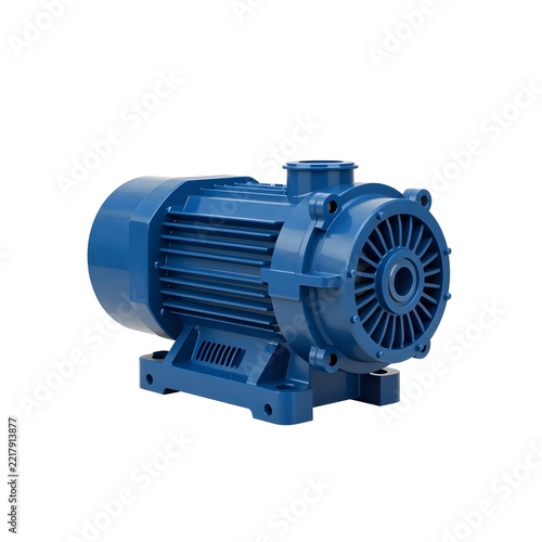 Industrial blue electric water pump isolated on a white background.