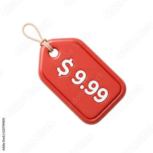 Red price tag with white text and rope loop on transparent background