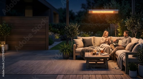 Cozy outdoor patio at night with a radiant heater warming a couple lounging on a sofa.
