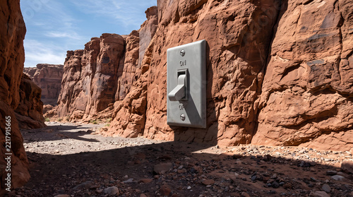 Giant light switch mounted on a red rock canyon wall in daylight