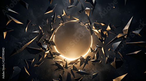 Glowing golden ring surrounded by dark abstract floating geometric shards