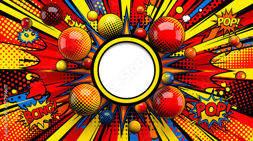 Vibrant comic book pop art background with colorful halftone dots and glossy spheres surrounding a central circular white frame for design text