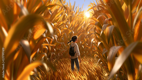 Person lost in a corn maze exploring during sunset  