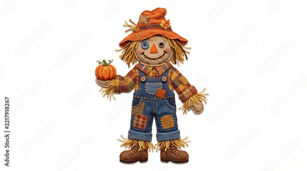 Fototapeta premium A handmade fabric scarecrow doll wearing denim overalls and a hat holding a small orange pumpkin on white background with button eyes straw