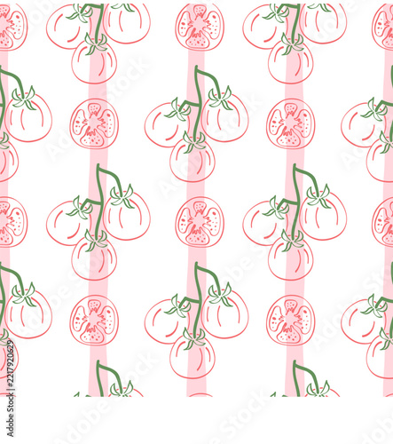 Seamless pattern with tomatoes on the vine in a Mediterranean style. Amalfi Coast. Vector illustration on a white background. Doodle.