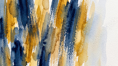 Modern abstract watercolor background with vertical navy and gold ochre dry brush strokes