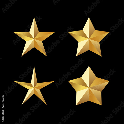 A collection of four distinct golden star shapes with a metallic gradient and glossy texture isolated on a black background