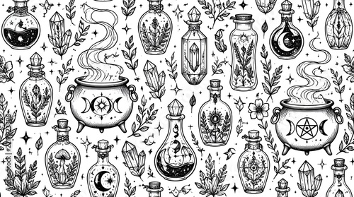 Witchcraft Seamless Pattern with Magic Potions and Smoking Cauldrons