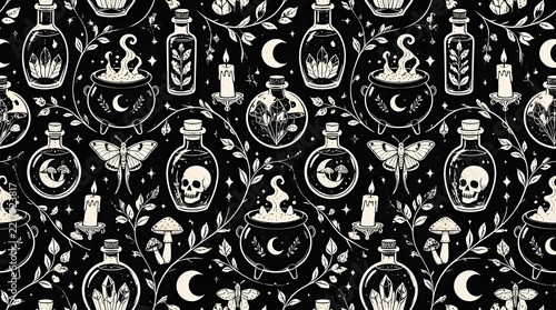 Witchcraft seamless pattern with potion bottles skulls and cauldrons