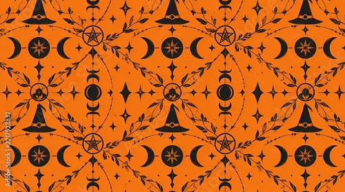 Witchy Halloween seamless pattern with moons stars and hats
