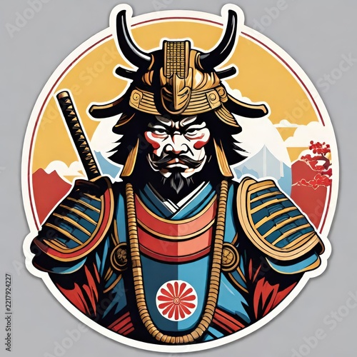 Vivid Samurai Sticker Featuring Traditional Japanese Armor and Cultural Motifs