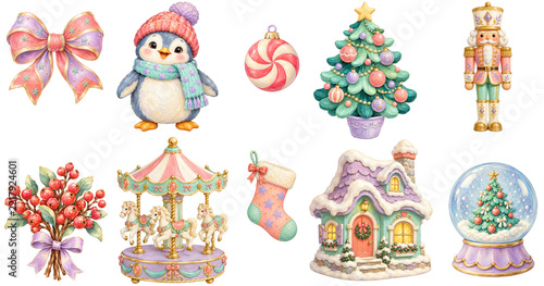 Pastel Christmas bow penguin in hat and scarf peppermint candy decorated tree nutcracker holly berries carousel stocking snowy house snow globe evoke festive joyful holiday spirit