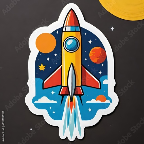 Mid-Century Modern Space Rocket Sticker in Bold Primary Colors