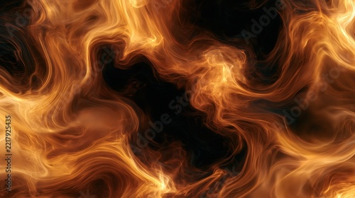 Abstract top view of swirling golden flame like ribbons in glowing amber and copper, silky liquid smoke texture flowing on deep black background with copy space